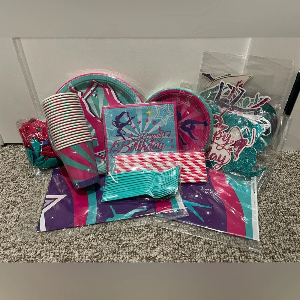 Gymnastics Birthday Party Supplies Set 20 Guests Pink Teal Decorations Kit